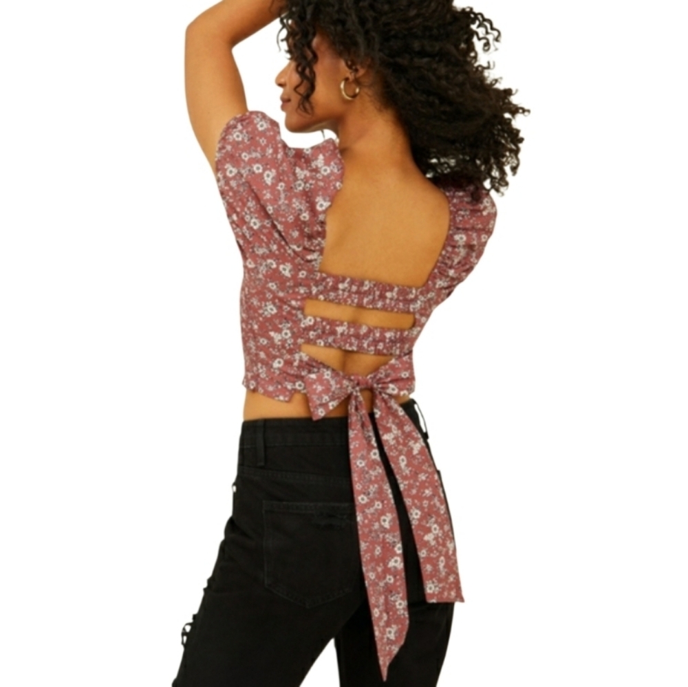 Altar'd State Cropped Floral Puff Sleeve Smocked Blouse - Small - Picture 6 of 6